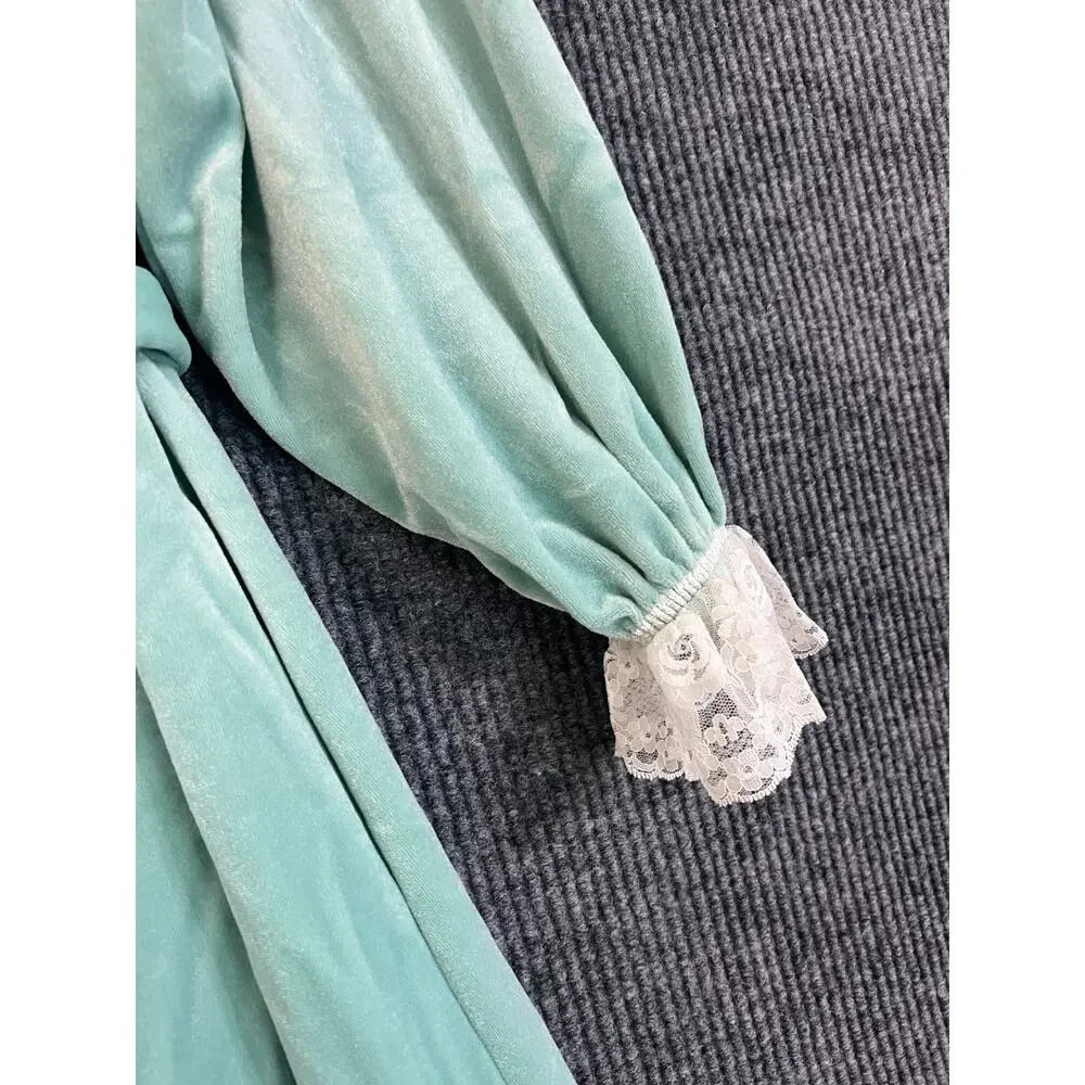 Vintage Maggie McQuade Mint Green Velvet Robe Long Lace Trim Dressing Gown Small